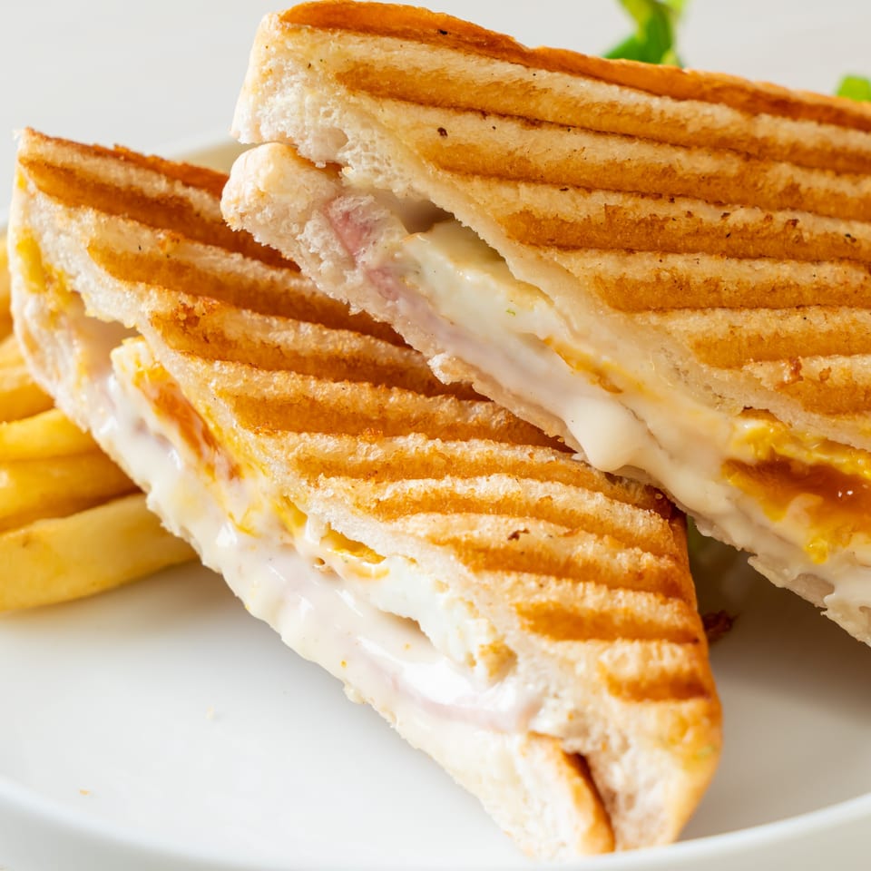 Two grilled sandwiches with melted cheese and ham, served with golden fries on a white plate.