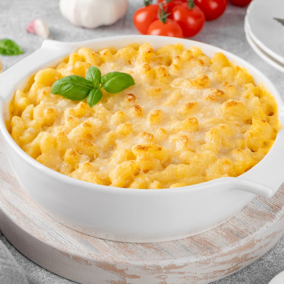 Baked mac and cheese in a white dish, garnished with basil, with tomatoes and garlic in the background.