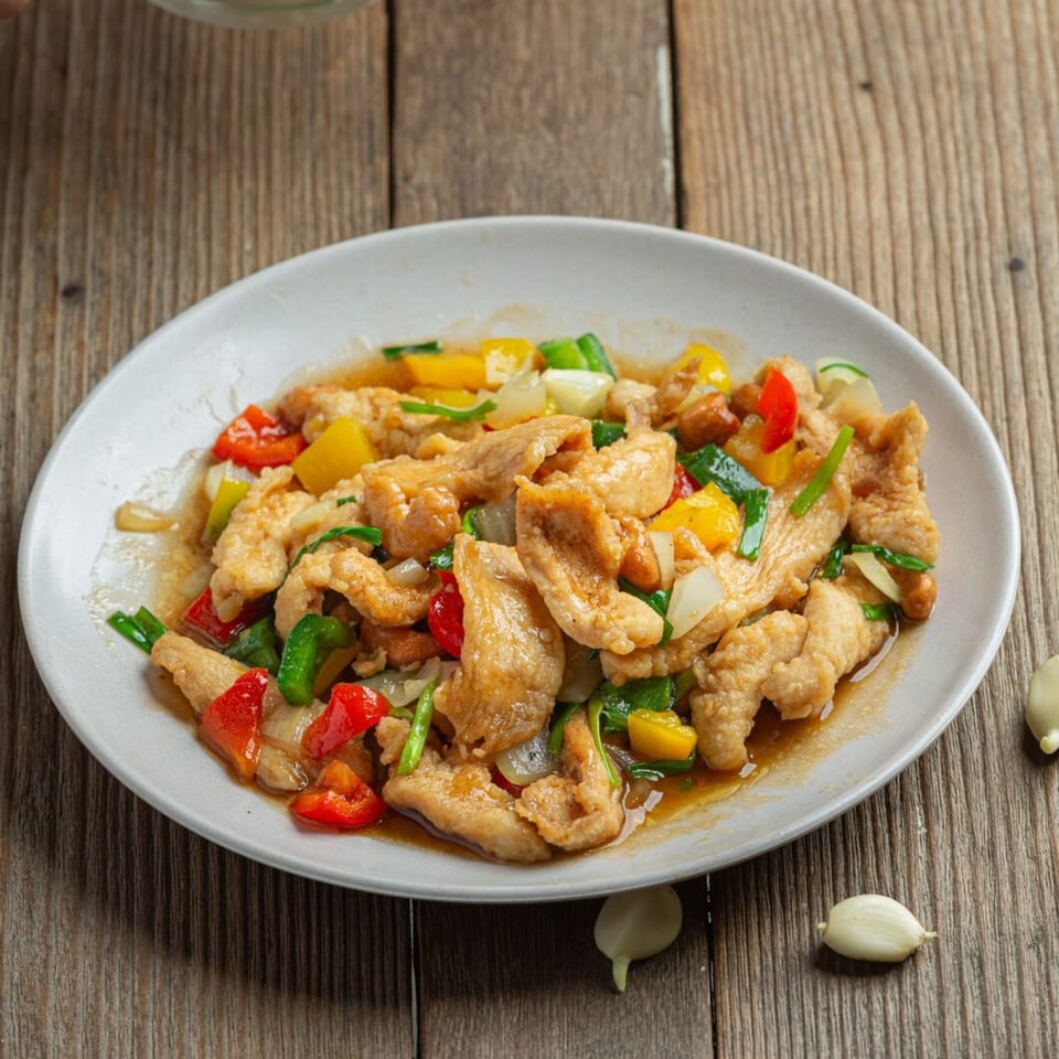 Sweet and sour chicken with bell peppers and onions on a white plate, on a wooden table.